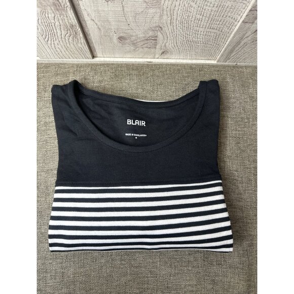 Blair Womens Size Medium Black & White Striped Colorblock Short-Sleeve Top - Picture 3 of 7